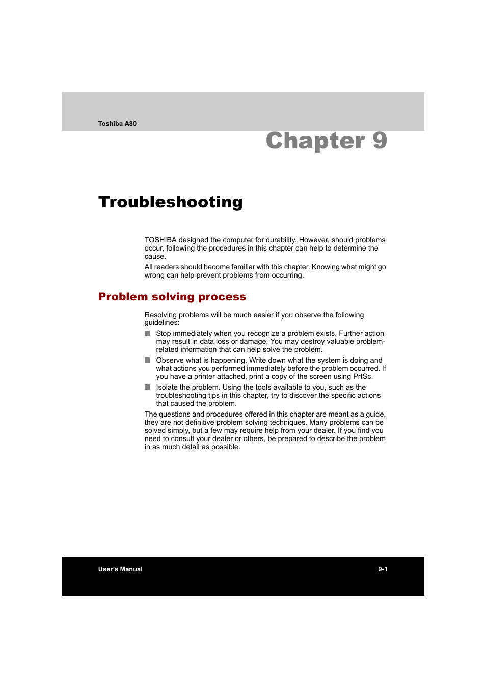 Chapter 9 troubleshooting, Problem solving process, Chapter 9: troubleshooting | Problem solving process -1, Chapter 9, Troubleshooting | Toshiba Equium A80 User Manual | Page 143 / 176