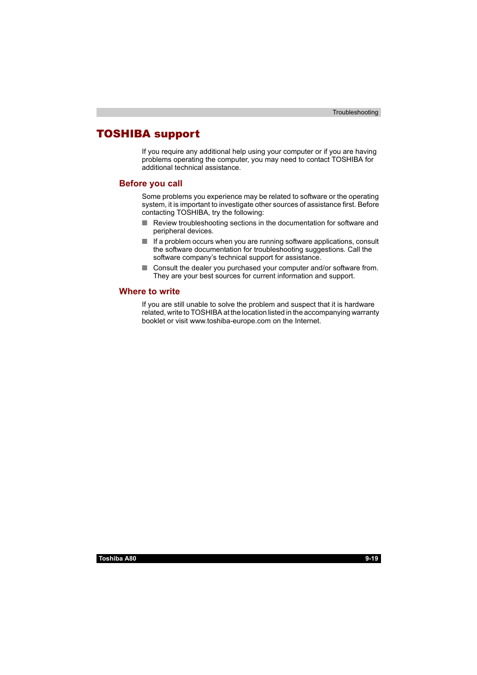 Toshiba support, Toshiba support -21, Before you call -21 where to write -21 | Toshiba Equium A80 User Manual | Page 161 / 176