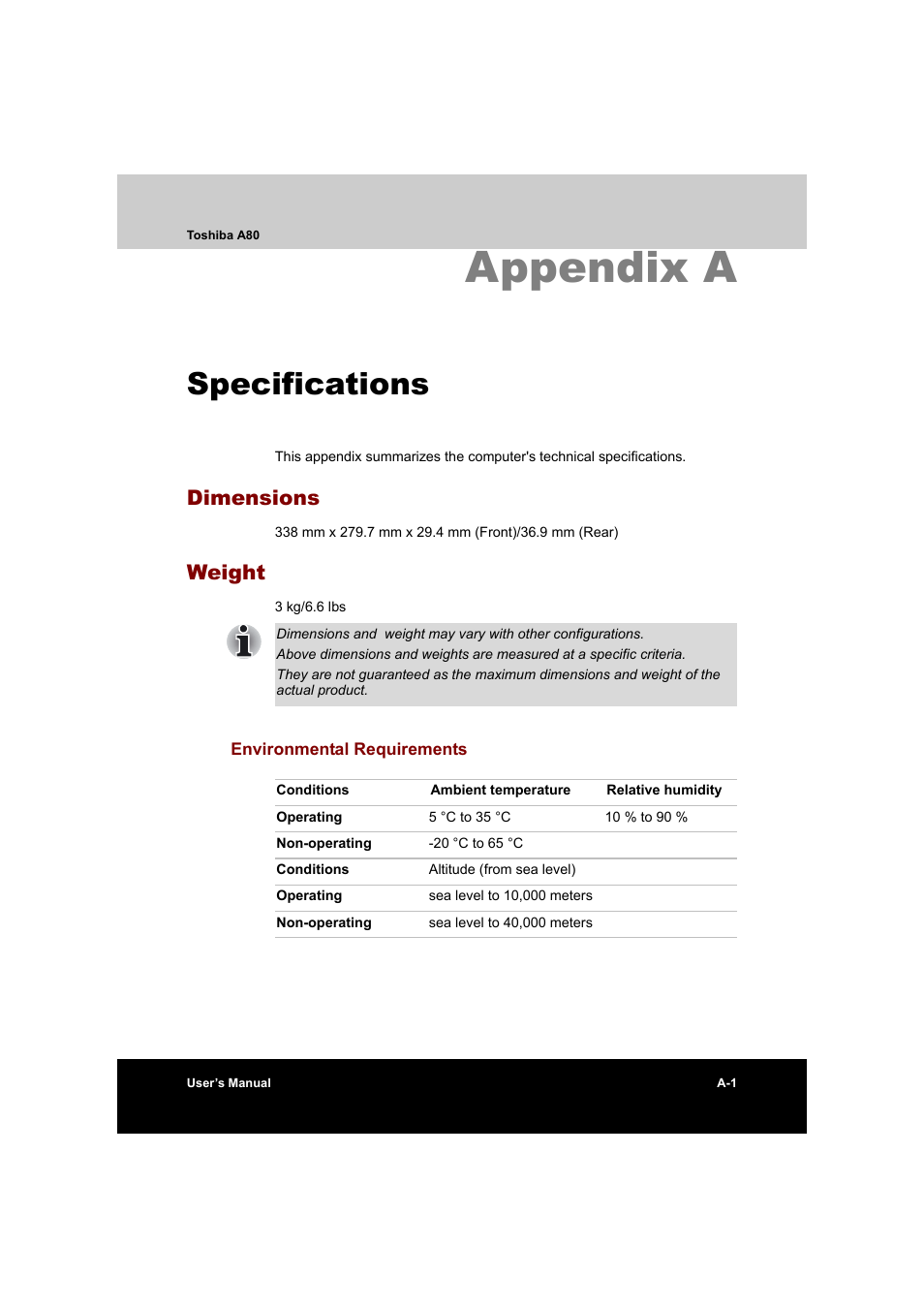 Appendix a specifications, Appendix a: specifications, Appendix a | Specifications, Dimensions, Weight | Toshiba Equium A80 User Manual | Page 162 / 176