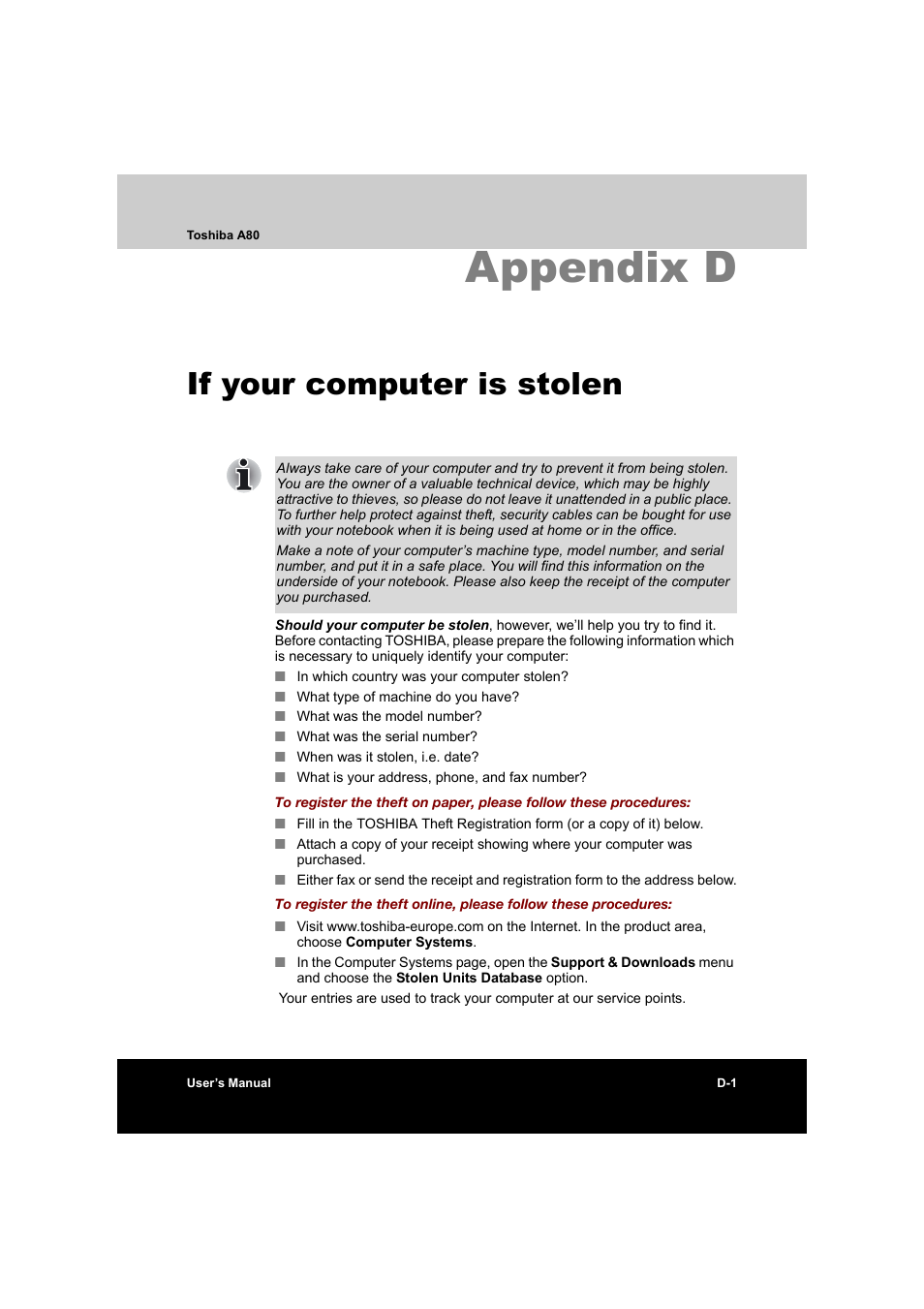 Appendix d if your computer is stolen, Appendix d: if your computer is stolen, Appendix d | If your computer is stolen | Toshiba Equium A80 User Manual | Page 167 / 176