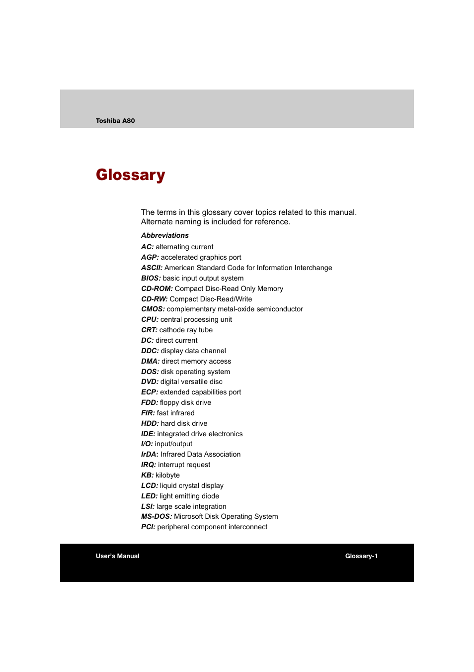 Glossary | Toshiba Equium A80 User Manual | Page 169 / 176