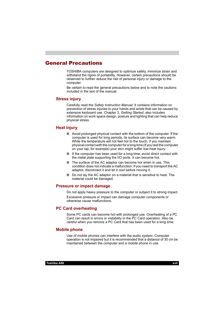 General precautions | Toshiba Equium A80 User Manual | Page 17 / 176