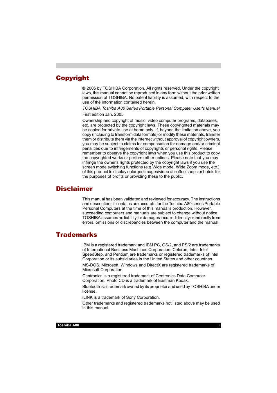 Copyright, Disclaimer, Trademarks | Toshiba Equium A80 User Manual | Page 2 / 176