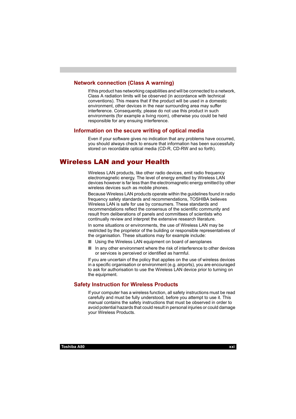 Wireless lan and your health | Toshiba Equium A80 User Manual | Page 21 / 176