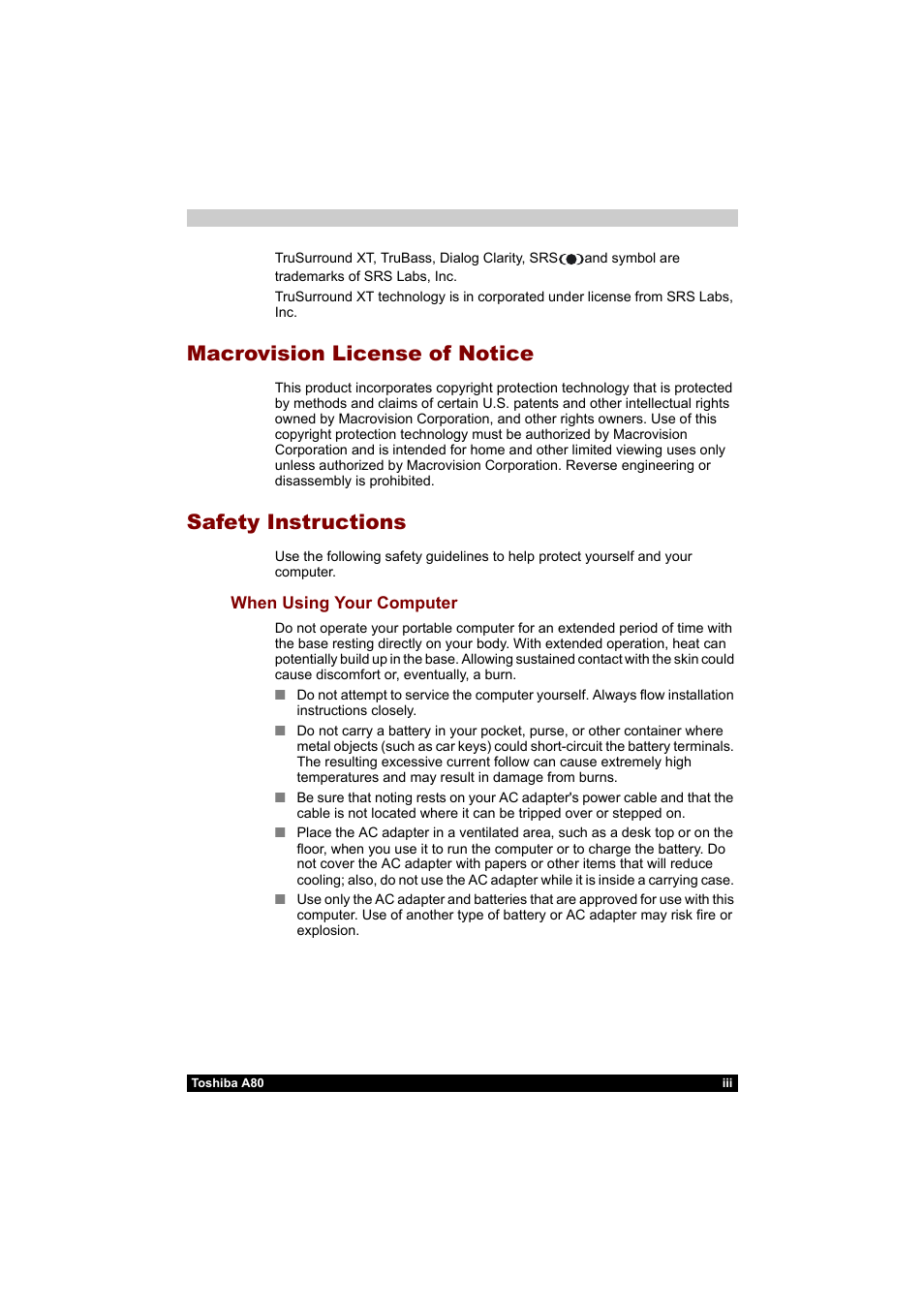 Macrovision license of notice, Safety instructions | Toshiba Equium A80 User Manual | Page 3 / 176