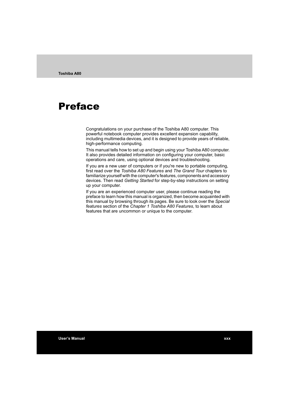 Preface | Toshiba Equium A80 User Manual | Page 30 / 176