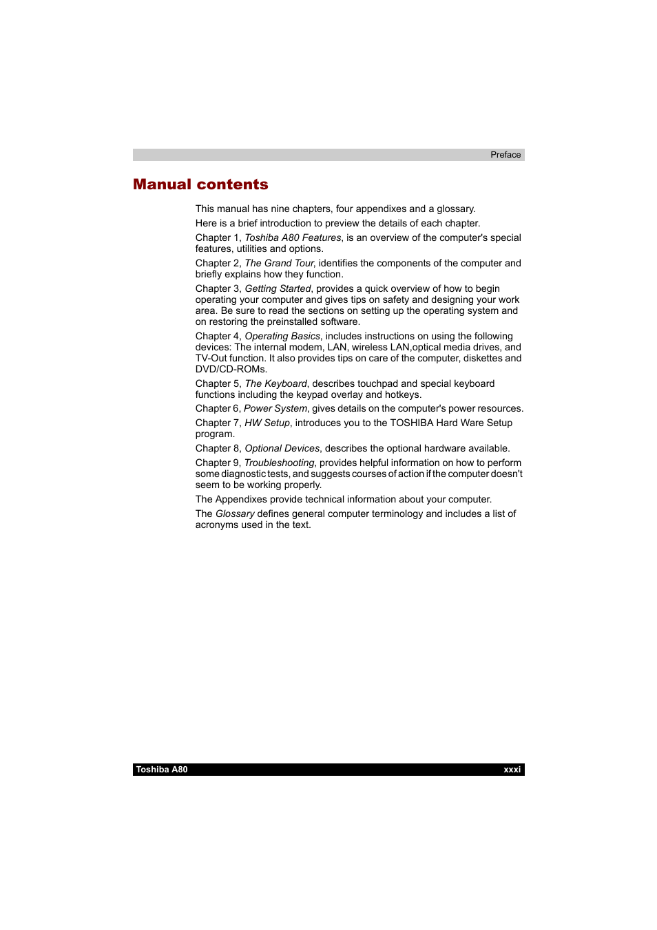 Manual contents | Toshiba Equium A80 User Manual | Page 31 / 176