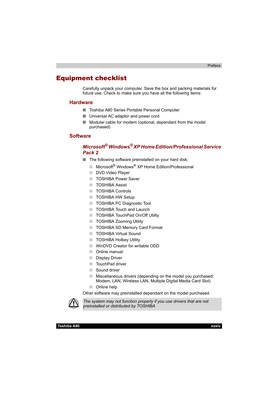 Equipment checklist | Toshiba Equium A80 User Manual | Page 34 / 176