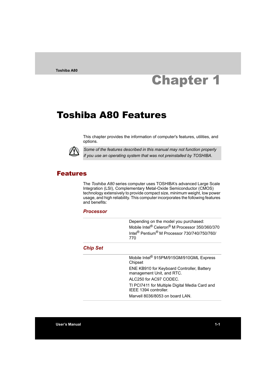 Chapter 1 toshiba a80 features, Features, Chapter 1: toshiba a80 features | Features -1, Chapter 1, Toshiba a80 features | Toshiba Equium A80 User Manual | Page 36 / 176