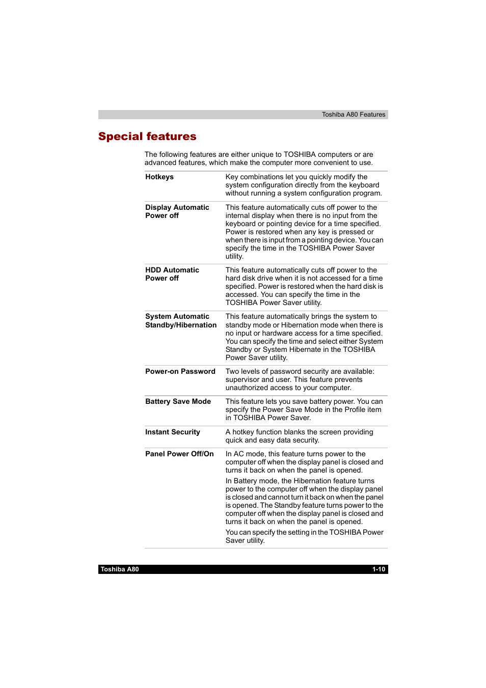 Special features, Special features -10 | Toshiba Equium A80 User Manual | Page 45 / 176