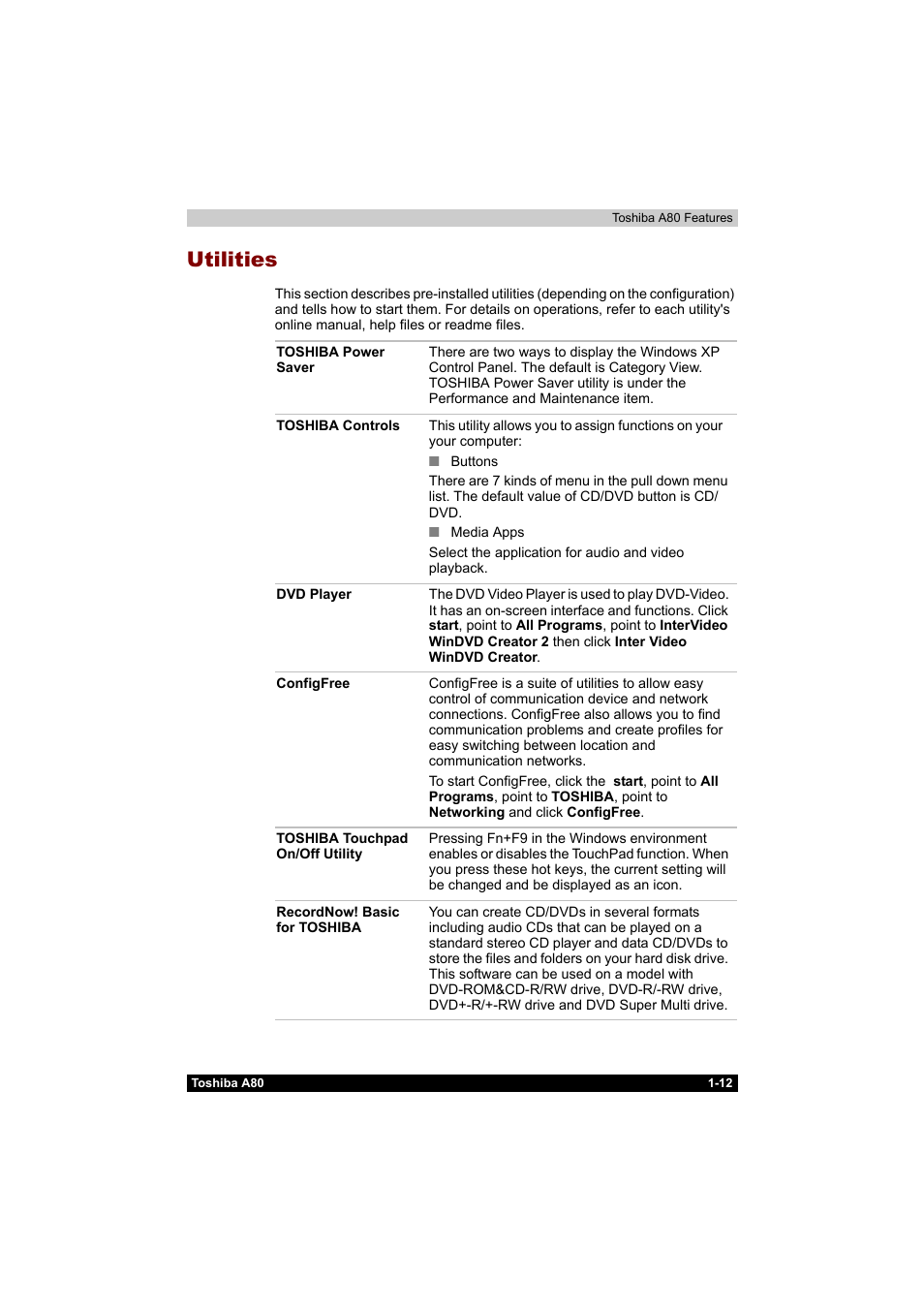 Utilities, Utilities -12 | Toshiba Equium A80 User Manual | Page 47 / 176