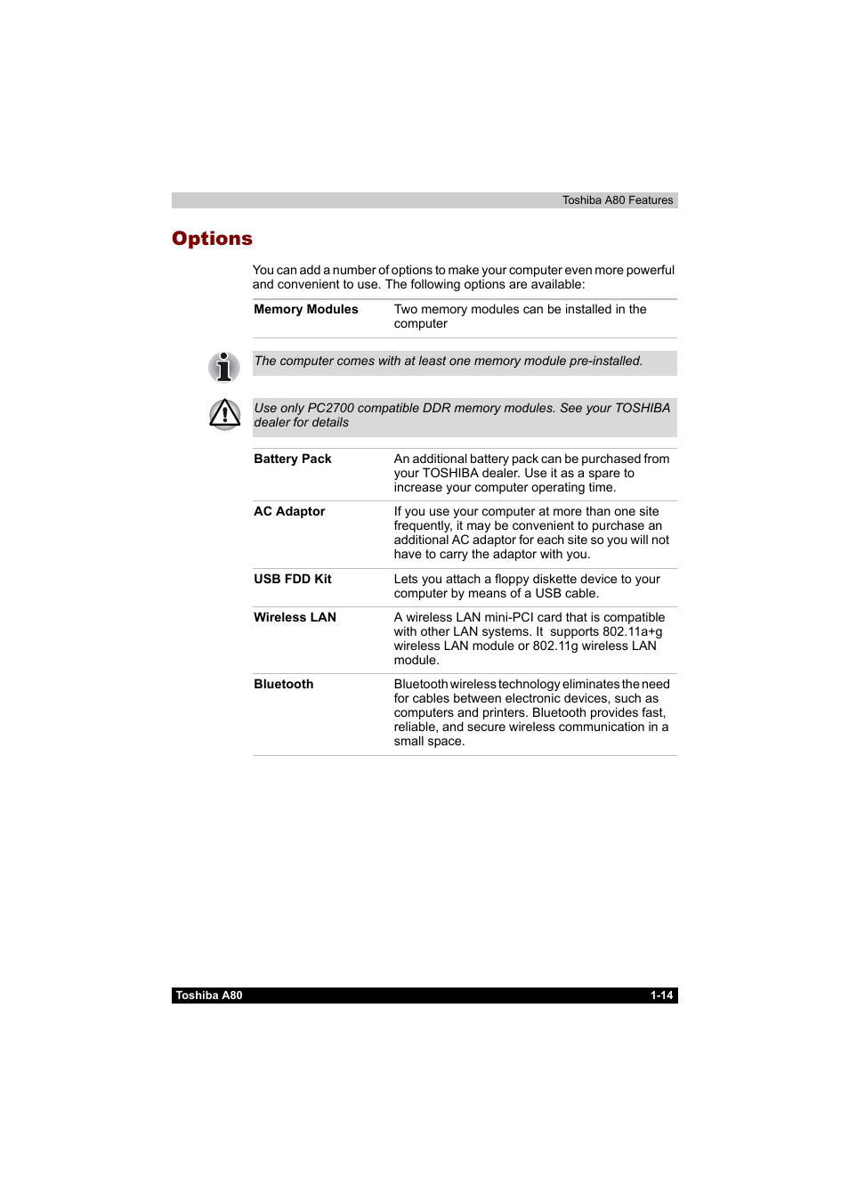Options, Options -14 | Toshiba Equium A80 User Manual | Page 49 / 176