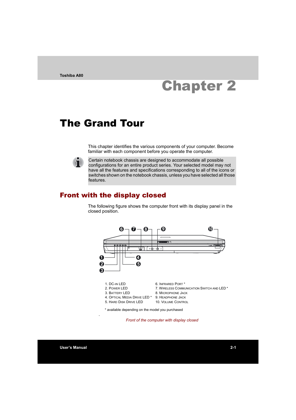 Chapter 2 the grand tour, Front with the display closed, Chapter 2: the grand tour | Front with the display closed -1, Chapter 2, The grand tour | Toshiba Equium A80 User Manual | Page 50 / 176