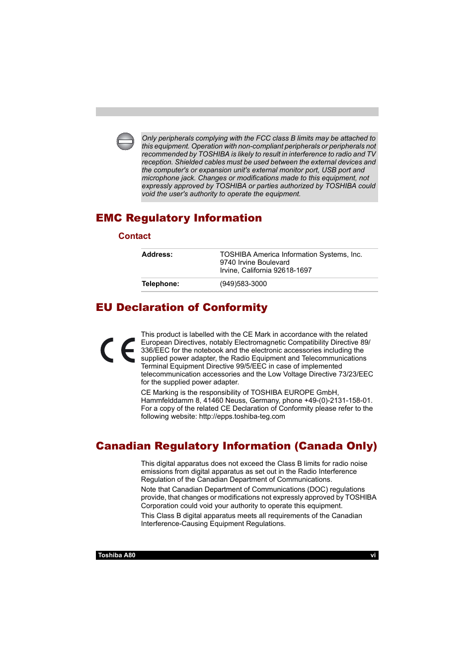 Emc regulatory information | Toshiba Equium A80 User Manual | Page 6 / 176