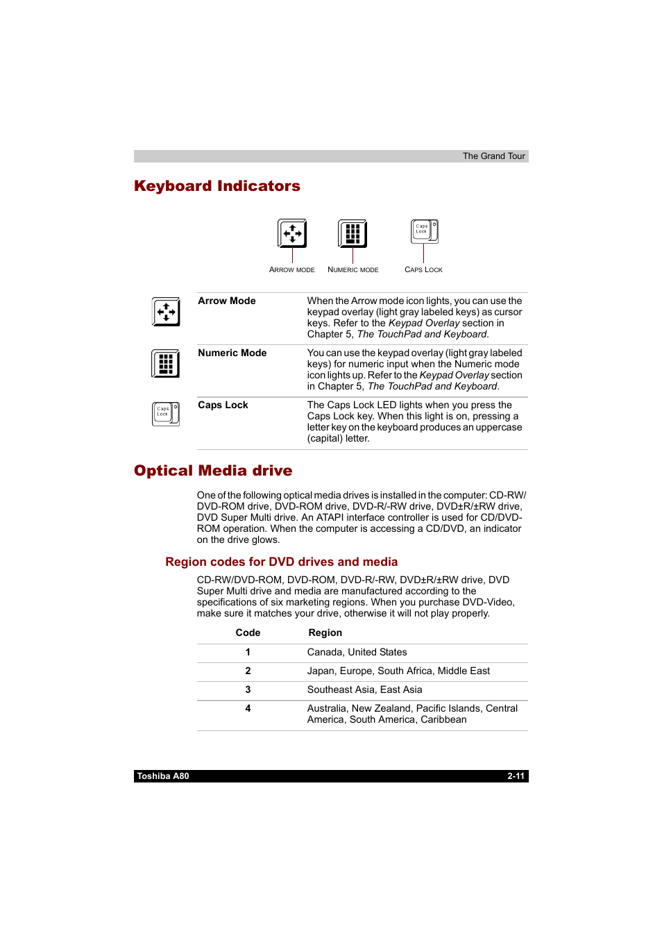 Keyboard indicators, Optical media drive, Keyboard indicators -11 optical media drive -11 | Region codes for dvd drives and media -11, Keyboard indicators optical media drive, Region codes for dvd drives and media | Toshiba Equium A80 User Manual | Page 60 / 176