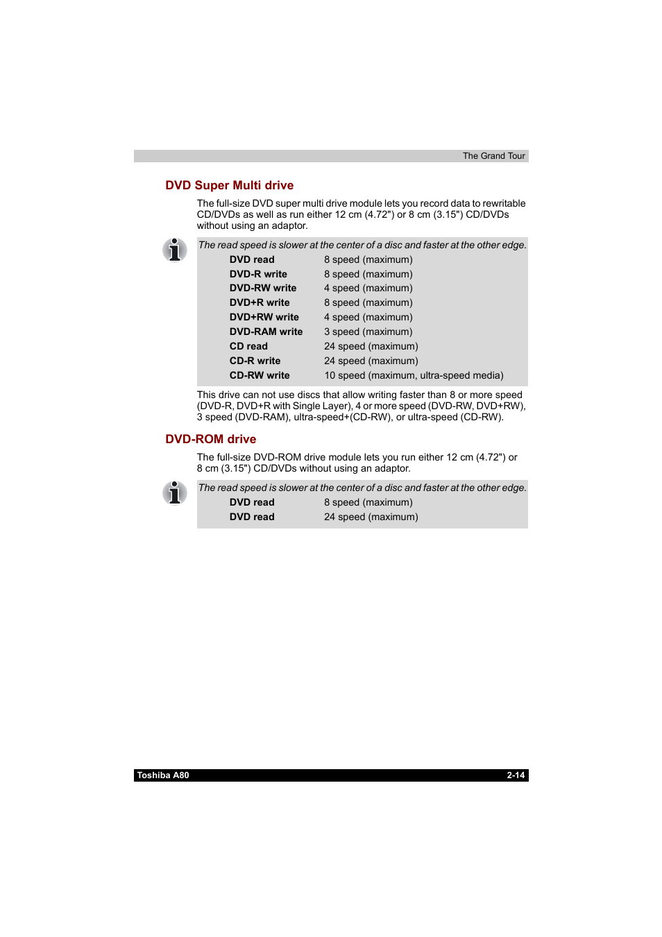 Dvd super multi drive -14 dvd-rom drive -14 | Toshiba Equium A80 User Manual | Page 63 / 176