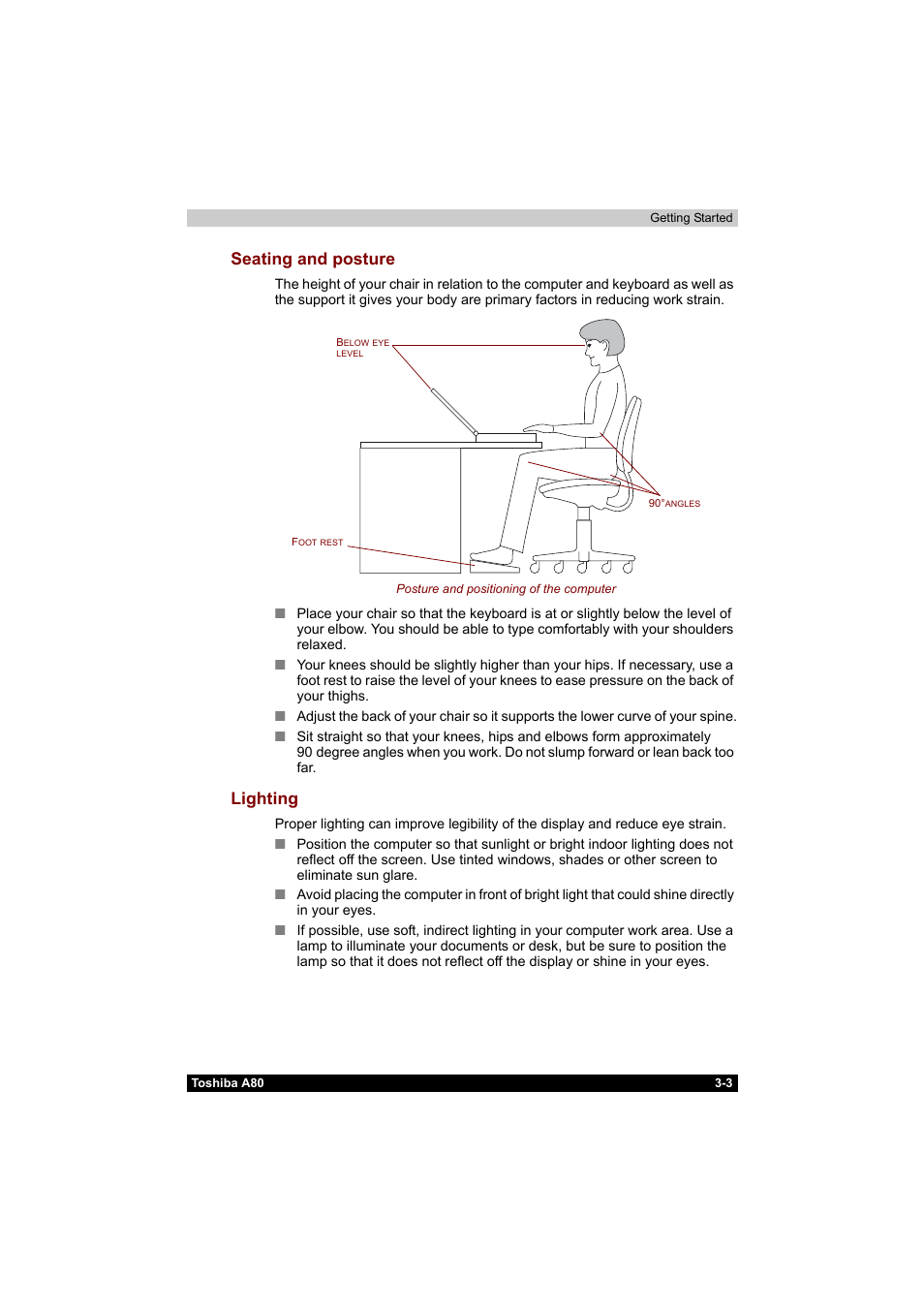 Seating and posture -3 lighting -3, Seating and posture, Lighting | Toshiba Equium A80 User Manual | Page 67 / 176