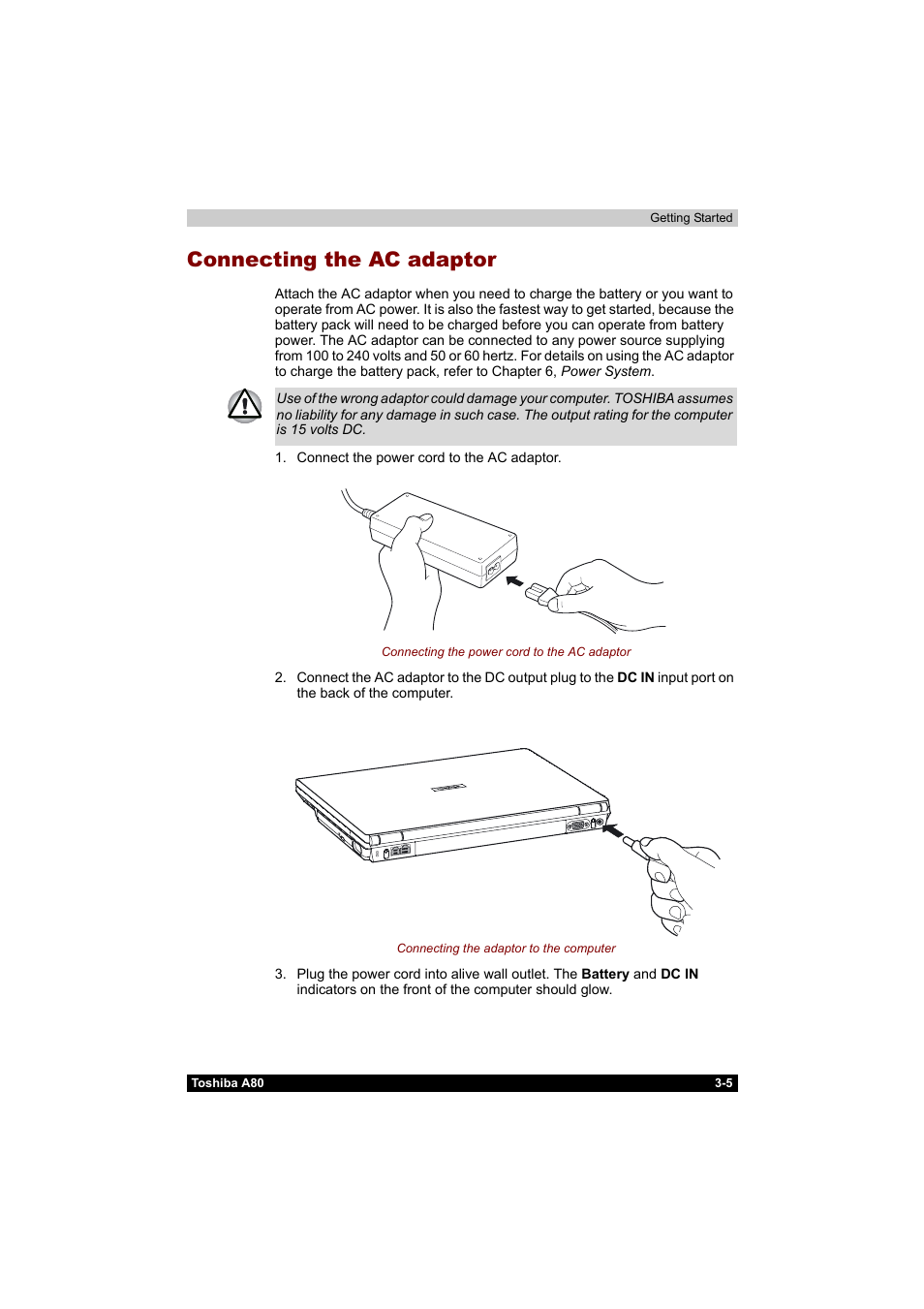 Connecting the ac adaptor, Connecting the ac adaptor -5 | Toshiba Equium A80 User Manual | Page 69 / 176