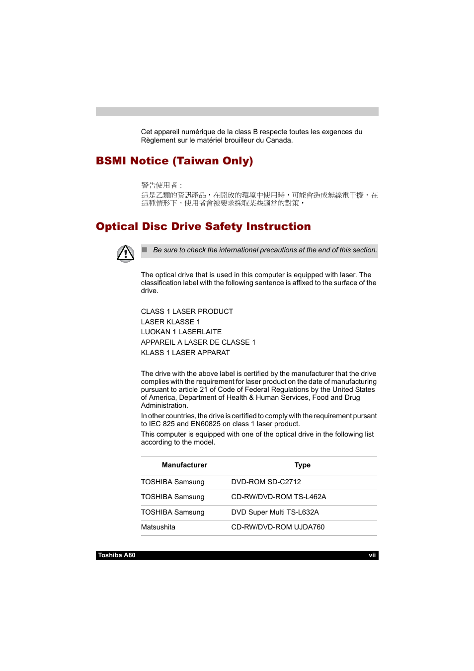 Bsmi notice (taiwan only) | Toshiba Equium A80 User Manual | Page 7 / 176