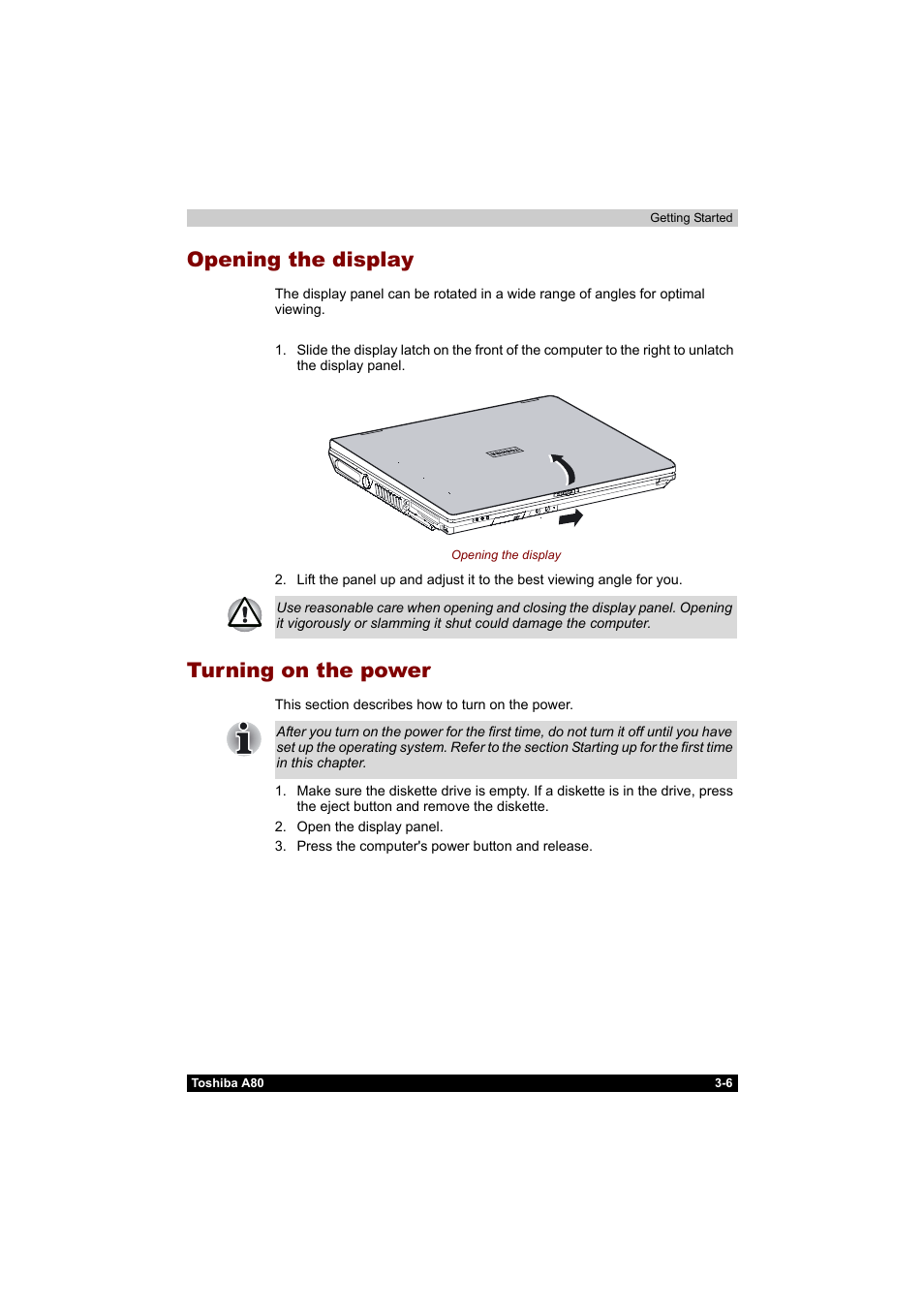 Opening the display, Turning on the power, Opening the display -6 turning on the power -6 | Toshiba Equium A80 User Manual | Page 70 / 176