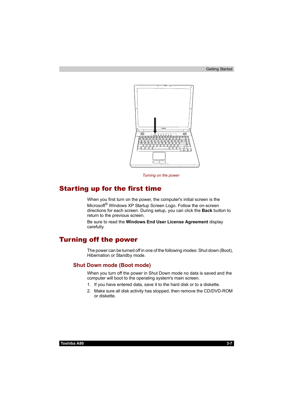 Starting up for the first time, Turning off the power, Shut down mode (boot mode) -7 | Toshiba Equium A80 User Manual | Page 71 / 176