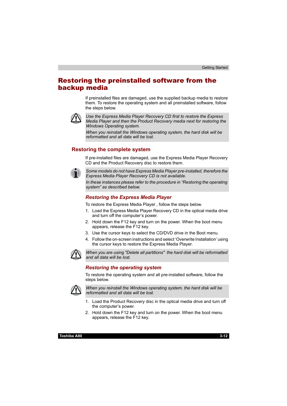 Restoring the complete system -12 | Toshiba Equium A80 User Manual | Page 76 / 176