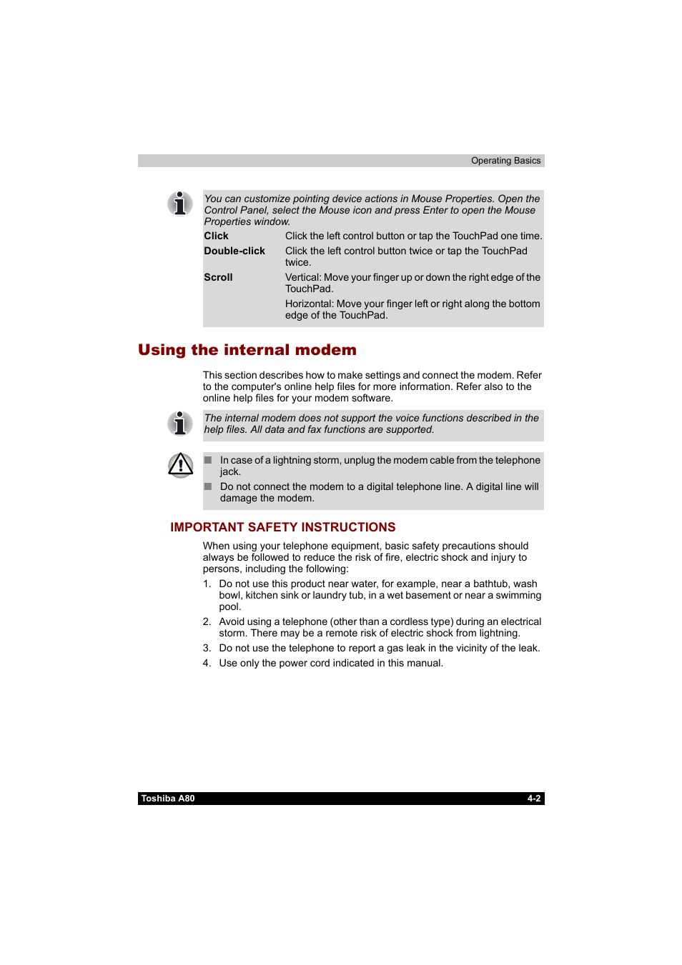 Using the internal modem, Using the internal modem -2, Important safety instructions -2 | Toshiba Equium A80 User Manual | Page 79 / 176