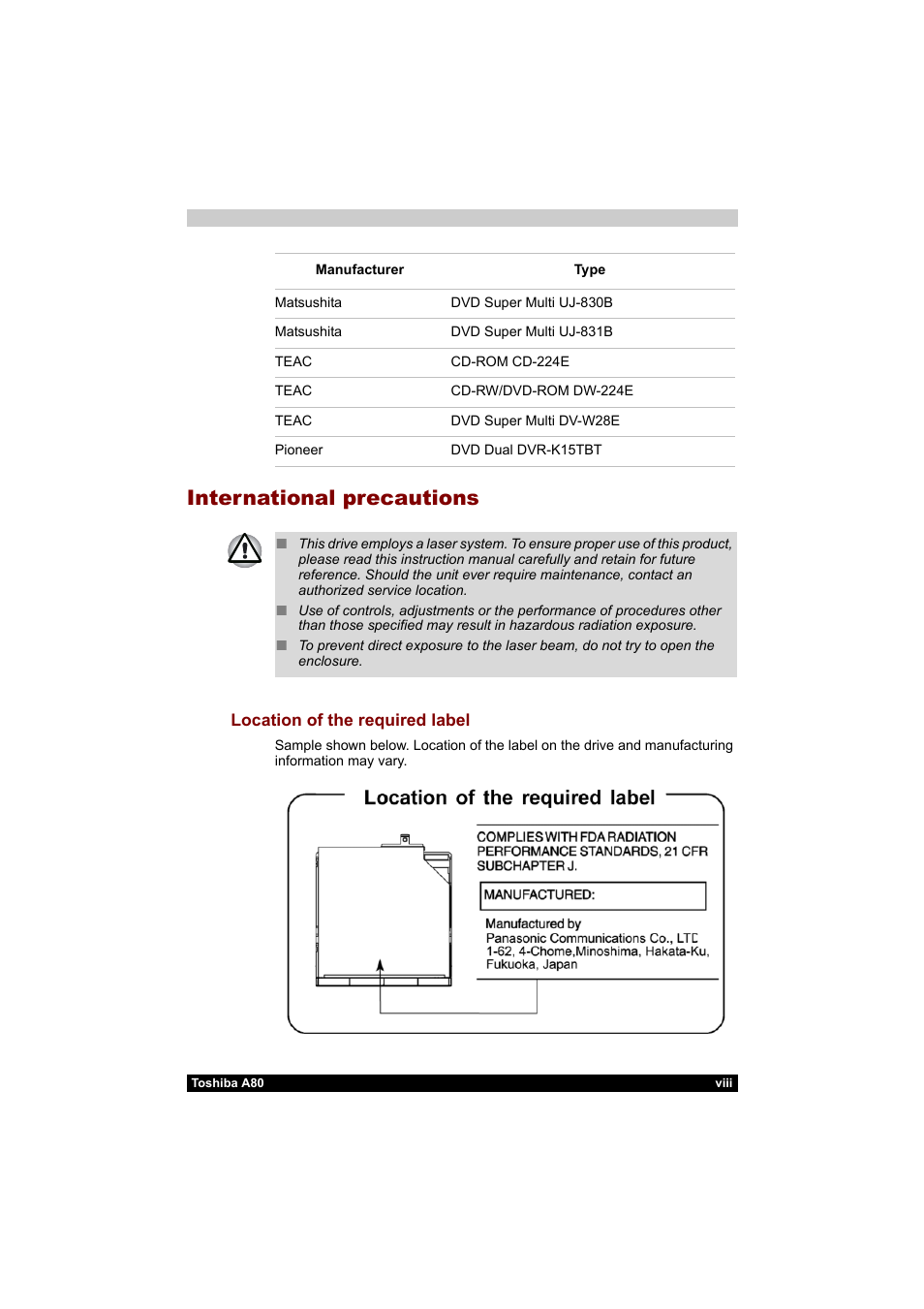 International precautions | Toshiba Equium A80 User Manual | Page 8 / 176