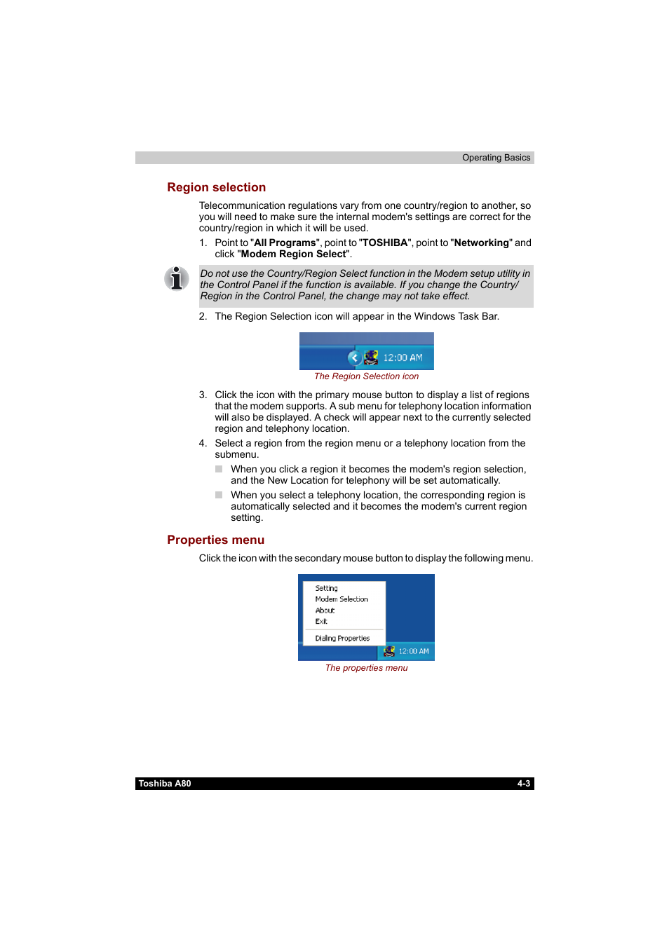 Region selection -3 properties menu -3 | Toshiba Equium A80 User Manual | Page 80 / 176