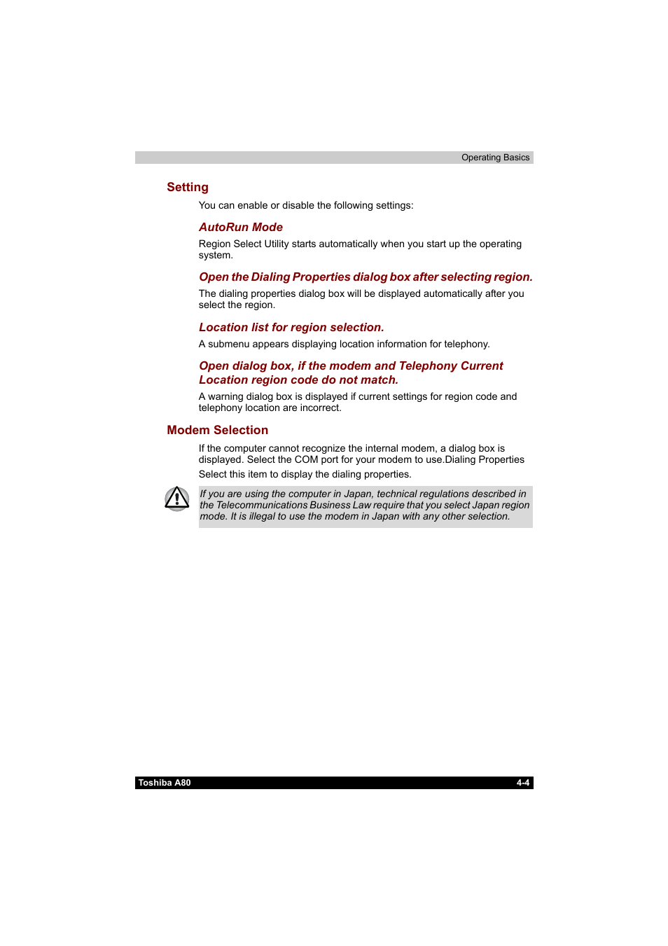 Setting -4 modem selection -4 | Toshiba Equium A80 User Manual | Page 81 / 176