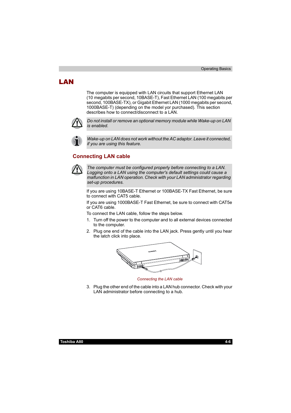 Lan -6, Connecting lan cable -6 | Toshiba Equium A80 User Manual | Page 83 / 176