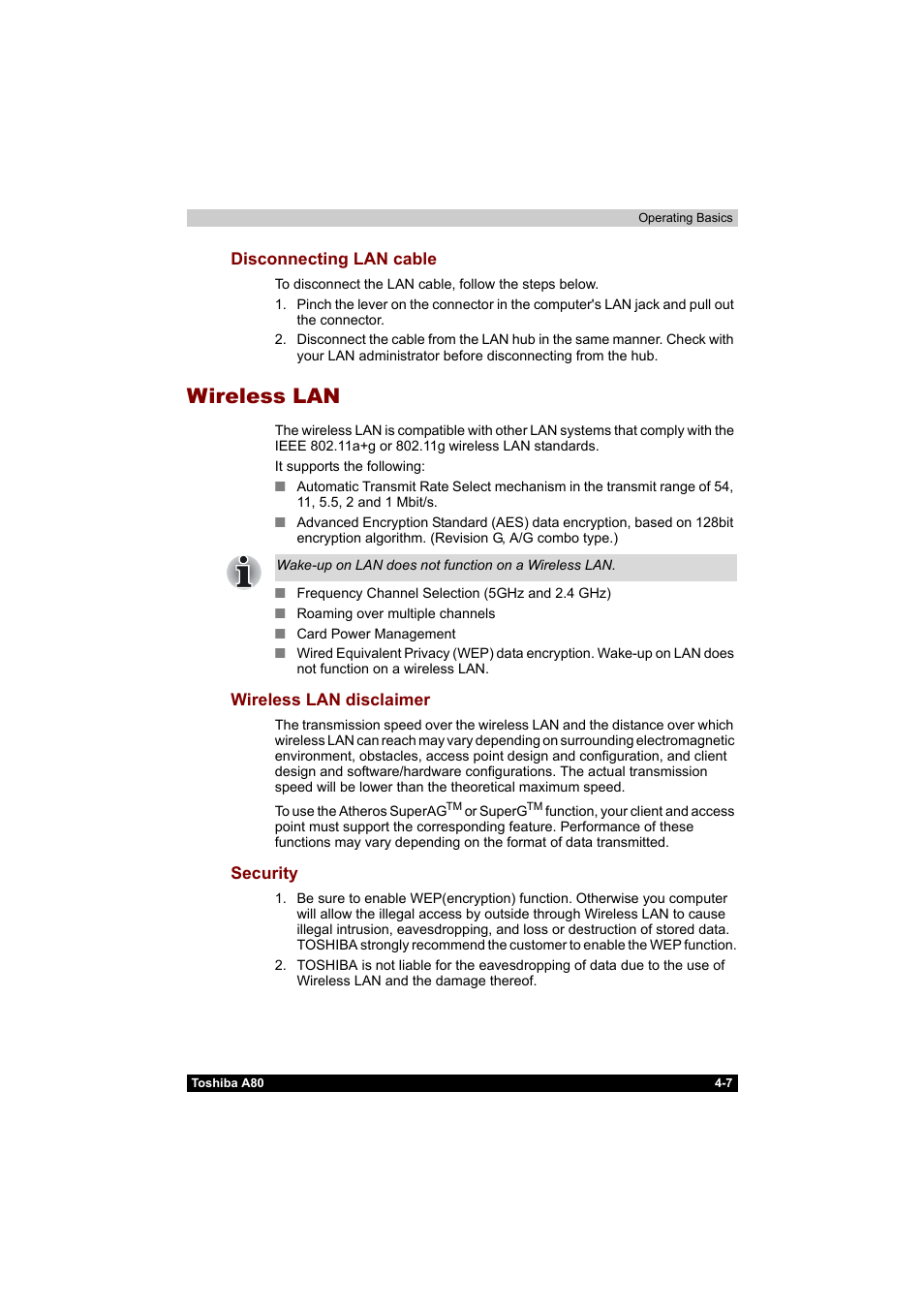 Wireless lan, Disconnecting lan cable -7, Wireless lan -7 | Wireless lan disclaimer -7 security -7 | Toshiba Equium A80 User Manual | Page 84 / 176