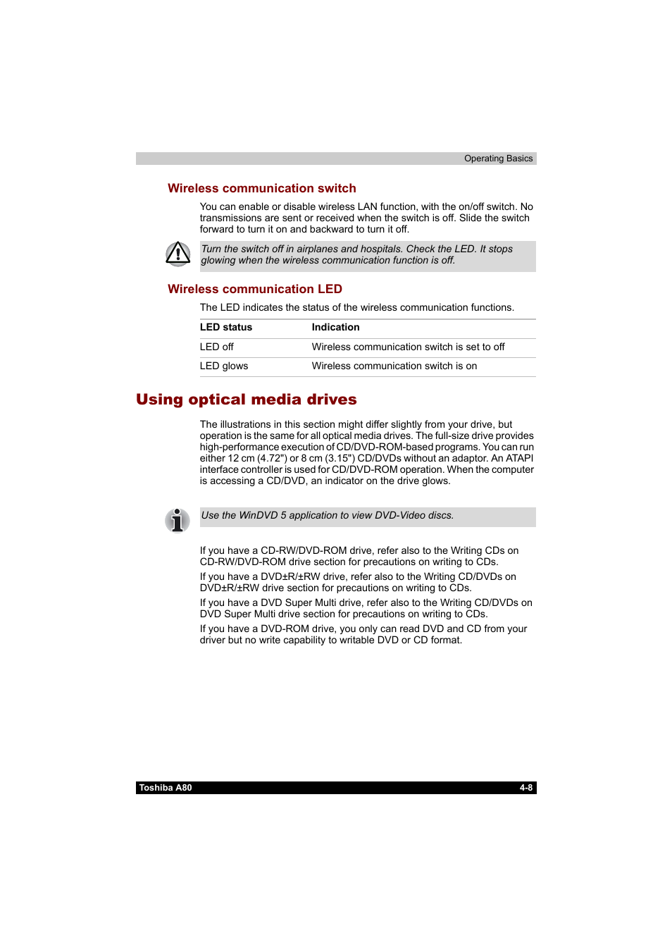 Using optical media drives, Using optical media drives -8 | Toshiba Equium A80 User Manual | Page 85 / 176