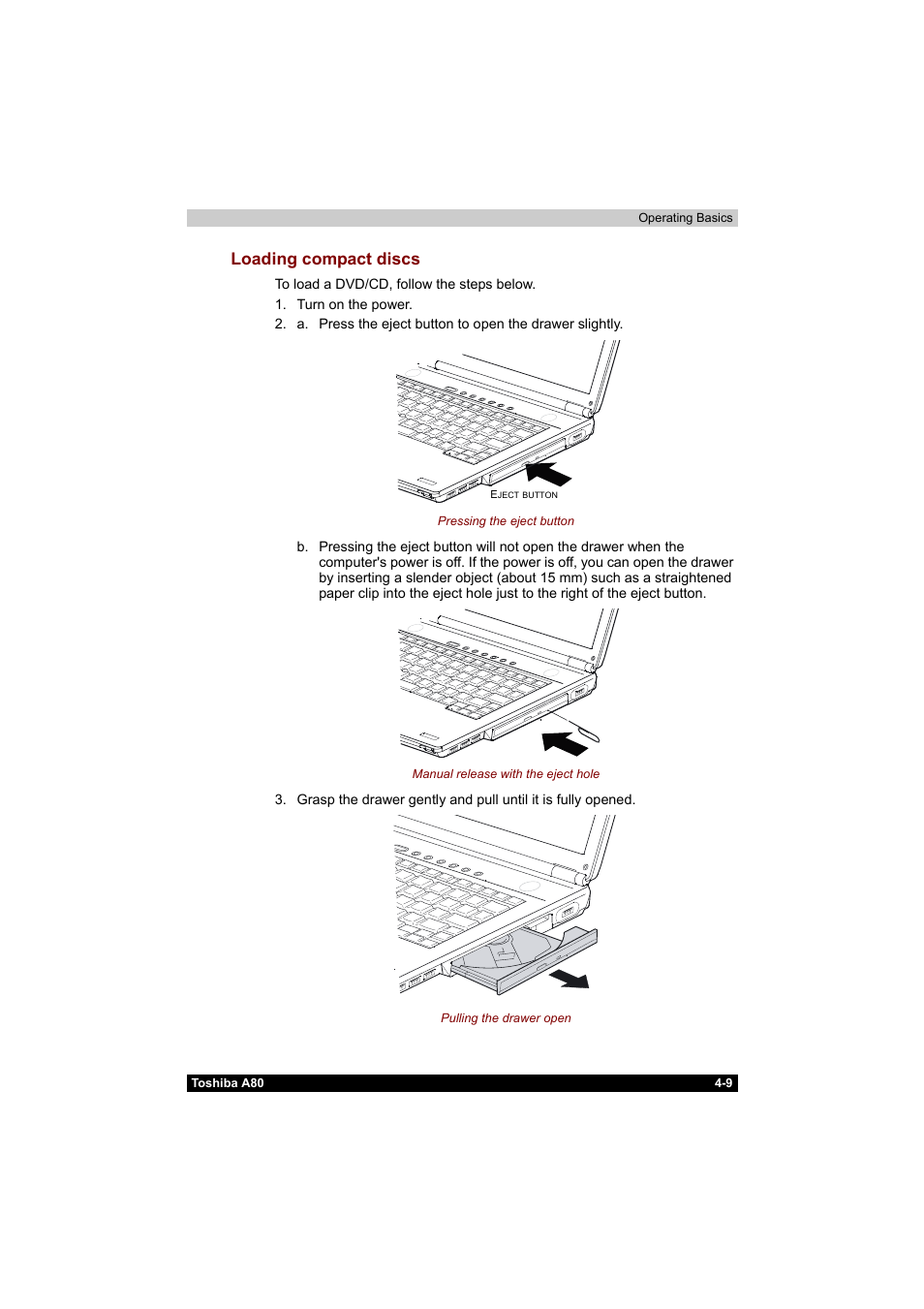 Loading compact discs -9, Loading compact discs | Toshiba Equium A80 User Manual | Page 86 / 176
