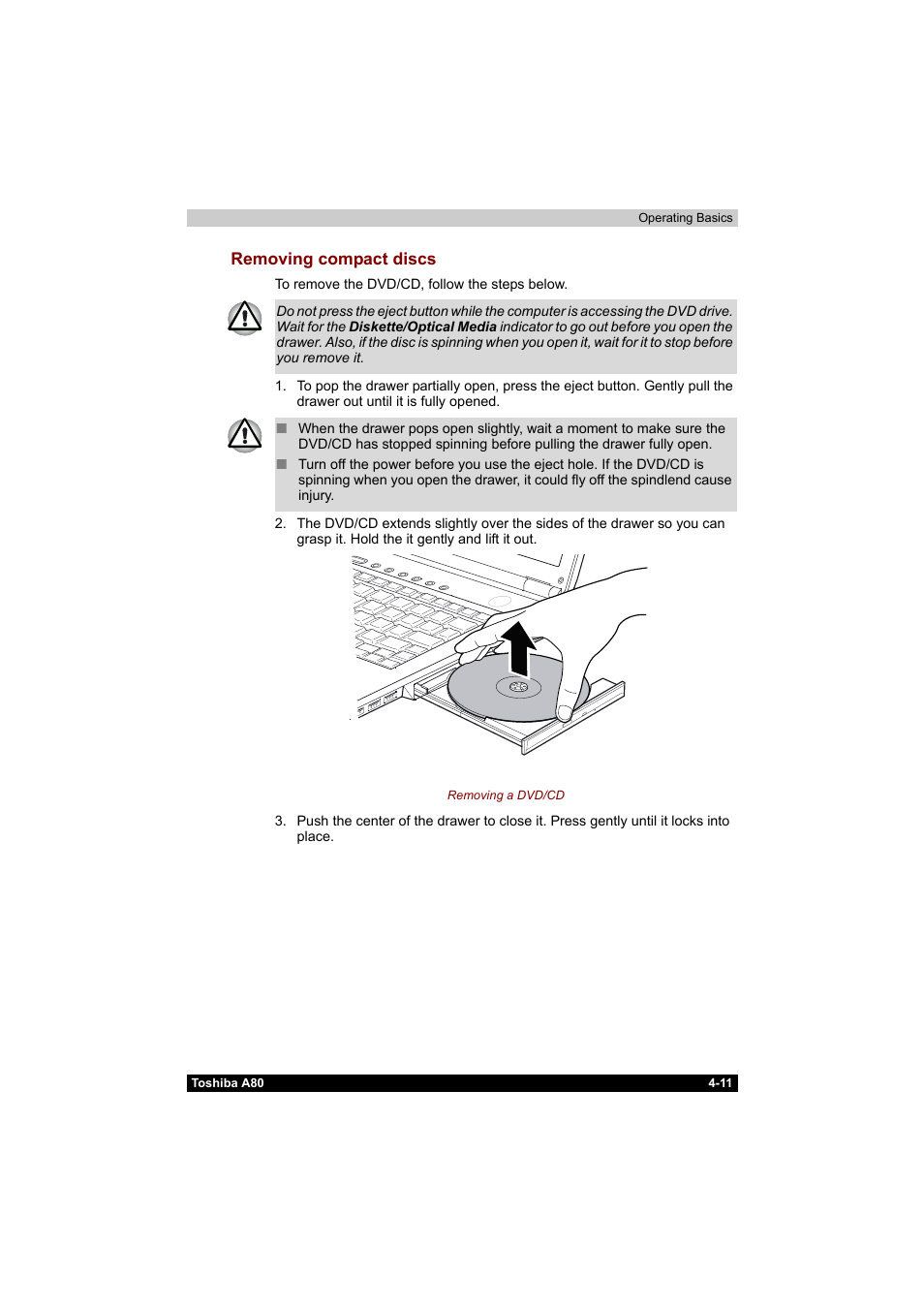 Removing compact discs -11 | Toshiba Equium A80 User Manual | Page 88 / 176