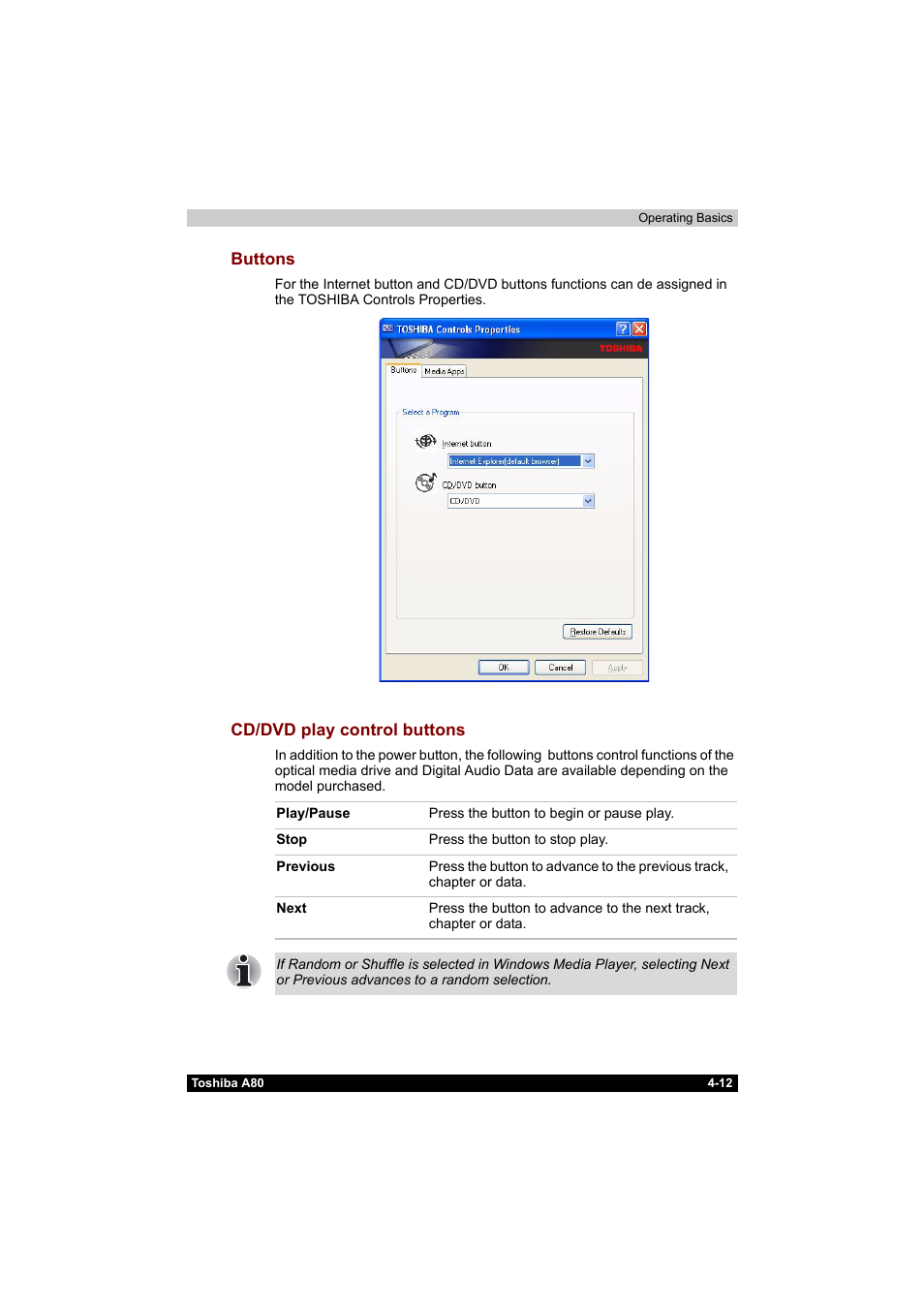 Buttons -12 cd/dvd play control buttons -12 | Toshiba Equium A80 User Manual | Page 89 / 176