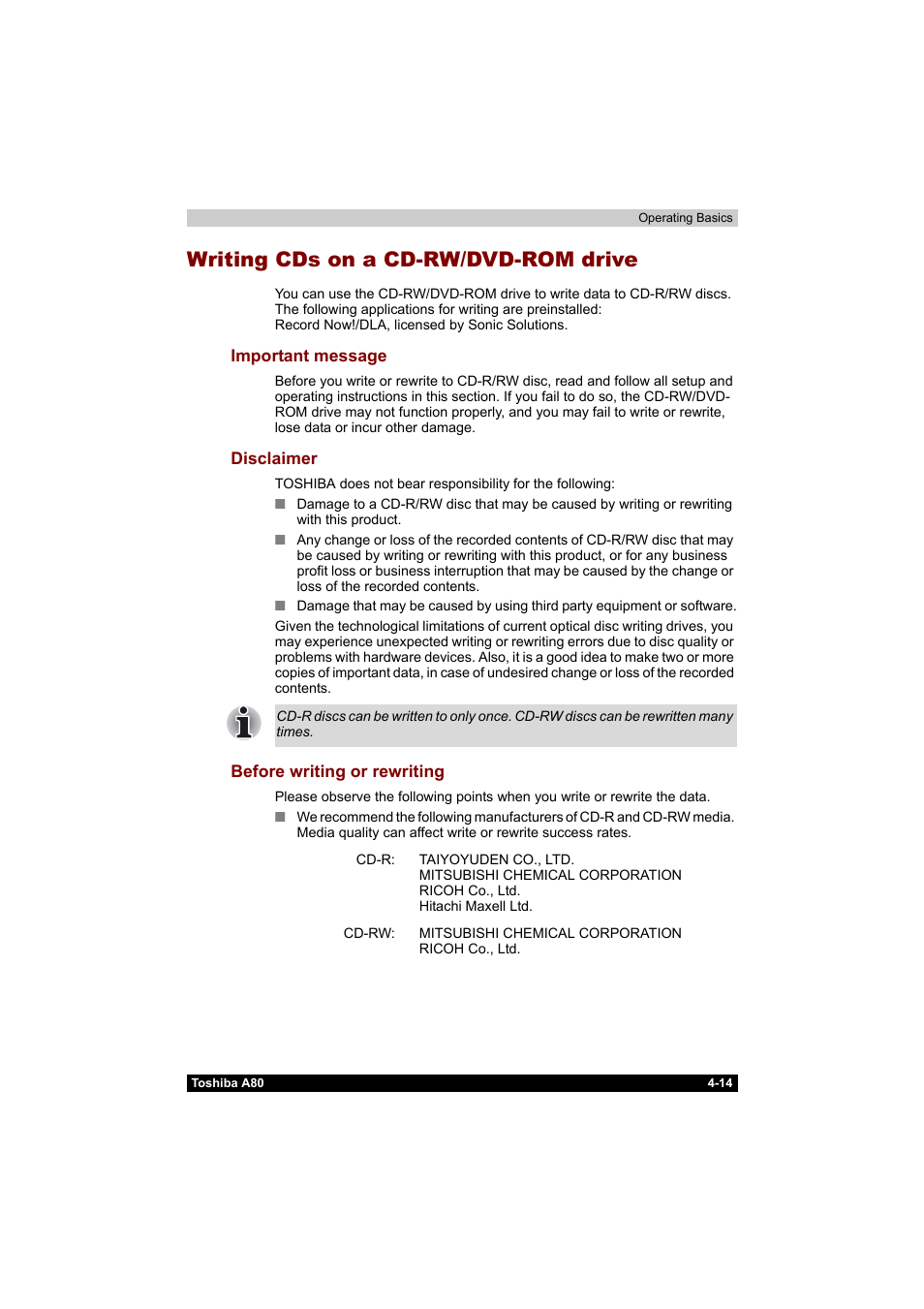 Writing cds on a cd-rw/dvd-rom drive, Writing cds on a cd-rw/dvd-rom drive -14 | Toshiba Equium A80 User Manual | Page 91 / 176