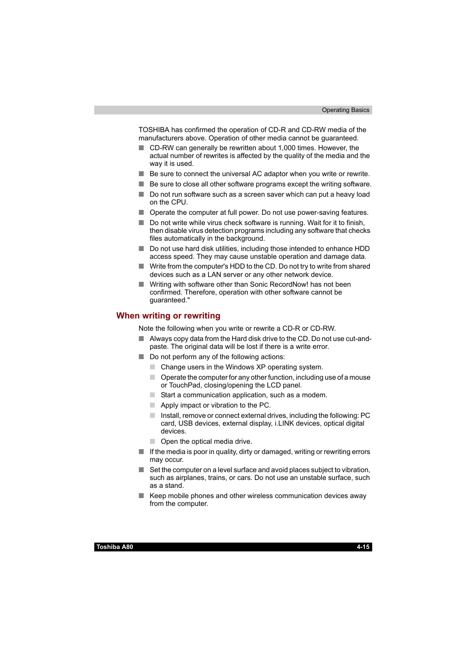 When writing or rewriting -15 | Toshiba Equium A80 User Manual | Page 92 / 176