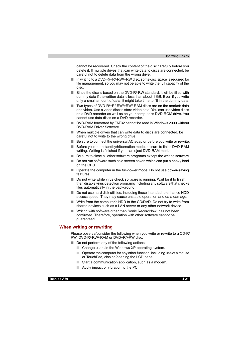 When writing or rewriting -21 | Toshiba Equium A80 User Manual | Page 98 / 176