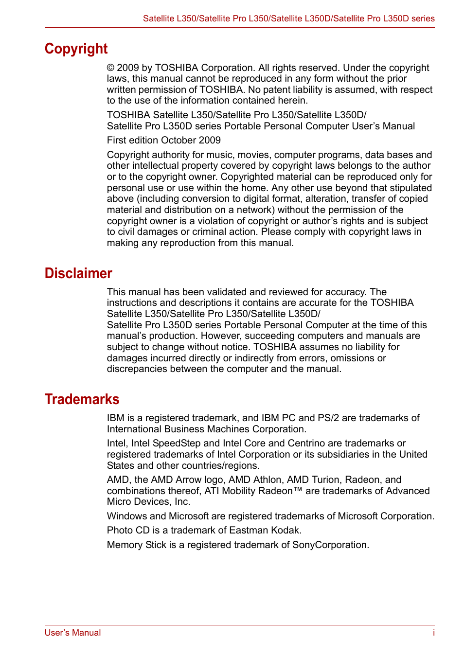 Copyright, Disclaimer, Trademarks | Toshiba SATELLITE L300 User Manual | Page 2 / 165