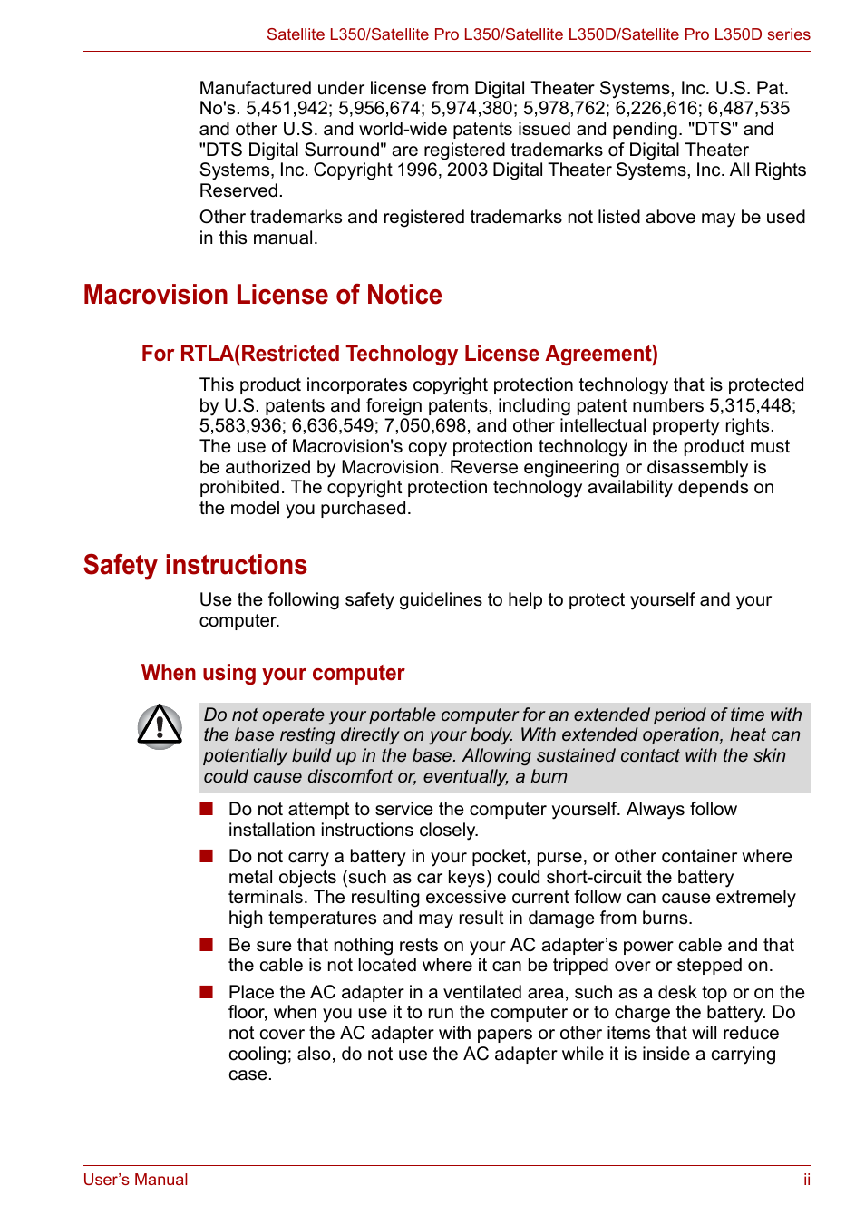 Macrovision license of notice, Safety instructions, For rtla(restricted technology license agreement) | When using your computer | Toshiba SATELLITE L300 User Manual | Page 3 / 165