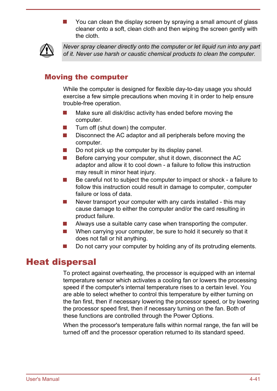 Moving the computer, Heat dispersal, Heat dispersal -41 | Toshiba LX830-C User Manual | Page 101 / 138
