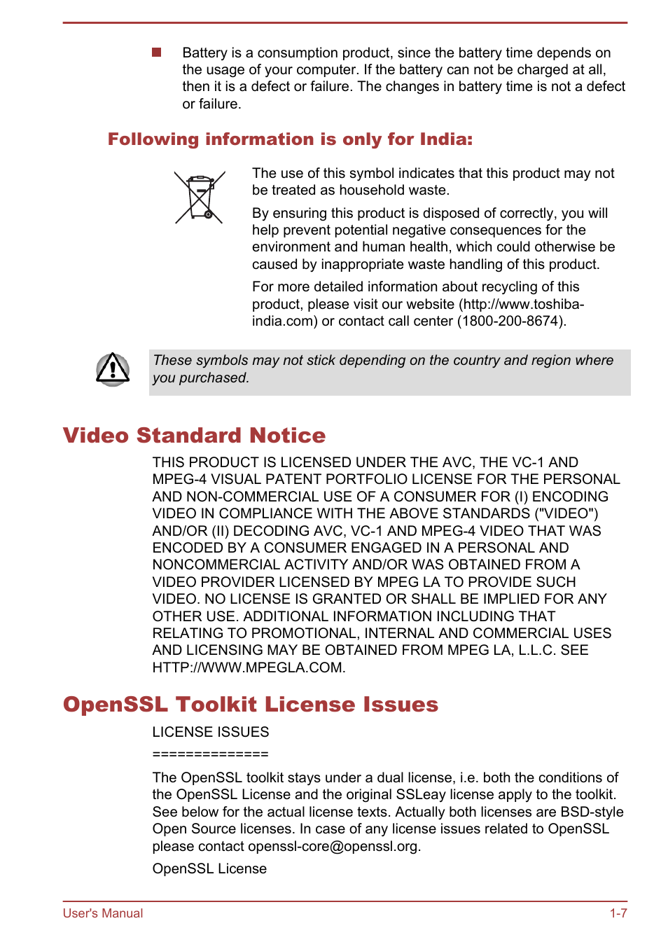 Following information is only for india, Video standard notice, Openssl toolkit license issues | Toshiba LX830-C User Manual | Page 11 / 138