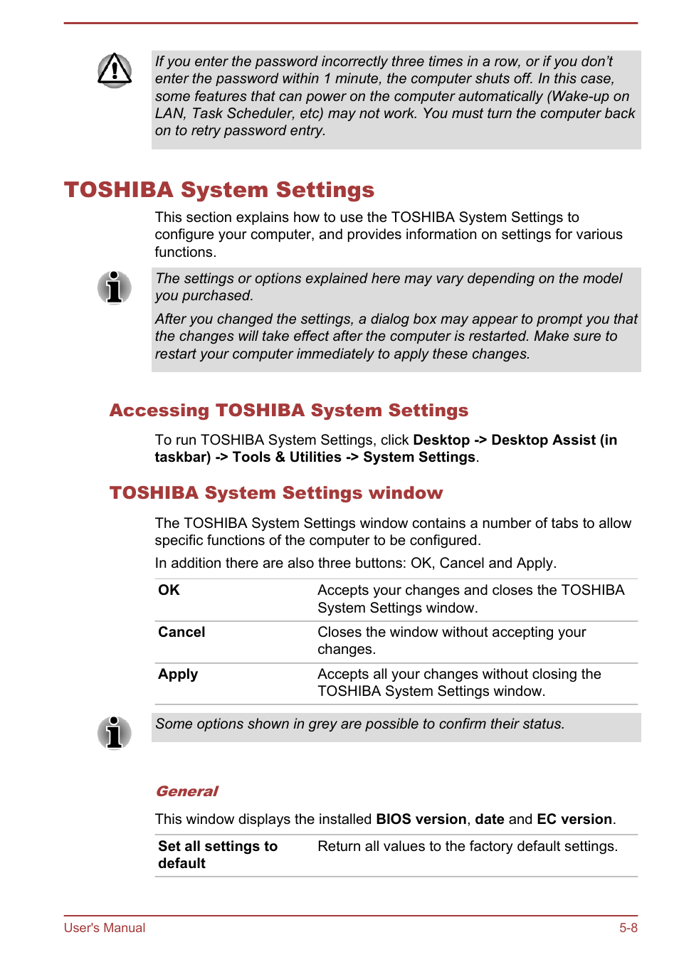 Toshiba system settings, Accessing toshiba system settings, Toshiba system settings window | Toshiba system settings -8, Toshiba, System settings, Section | Toshiba LX830-C User Manual | Page 110 / 138