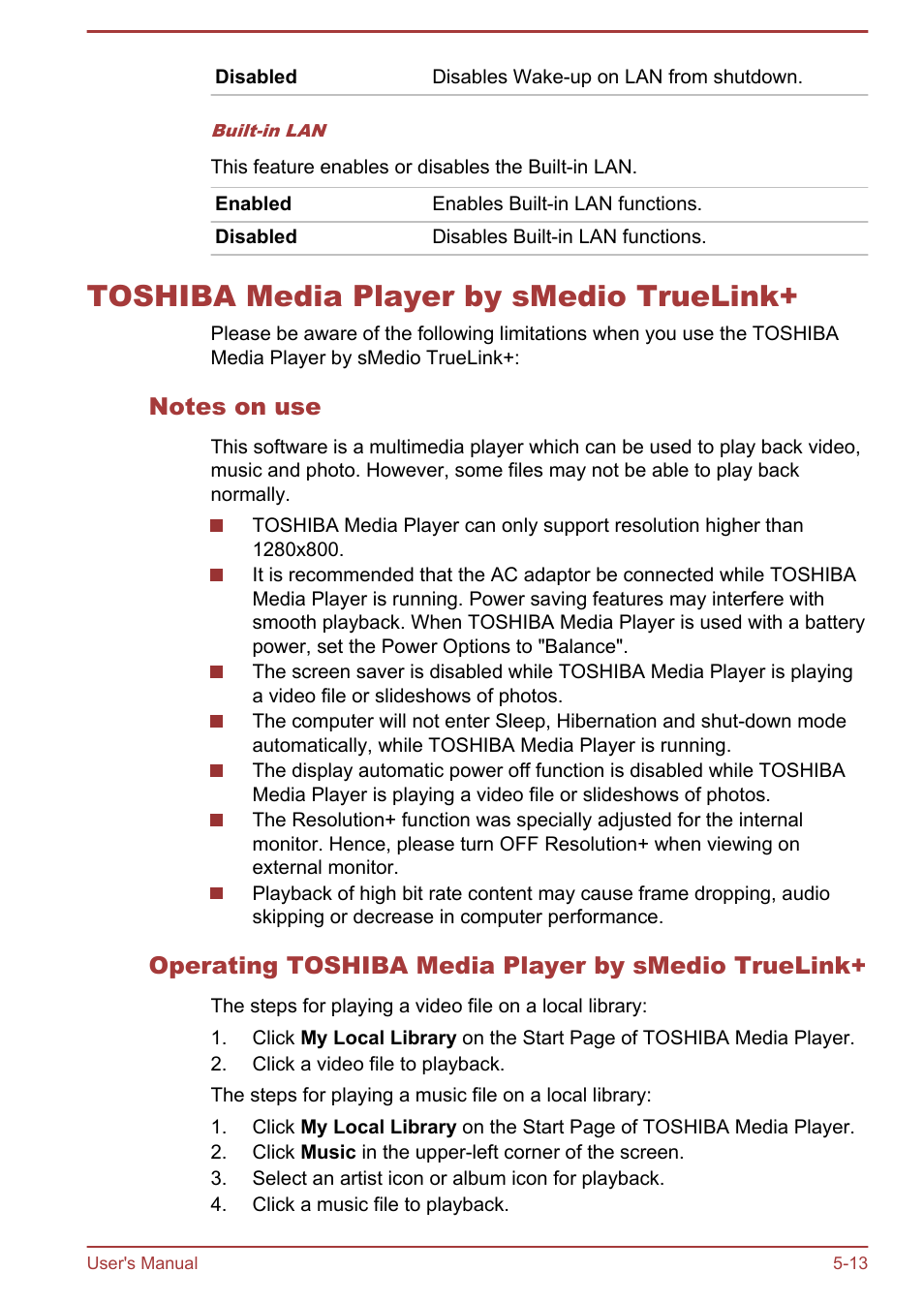 Toshiba media player by smedio truelink, Notes on use, Operating toshiba media player by smedio truelink | Toshiba media player by smedio truelink+ -13 | Toshiba LX830-C User Manual | Page 115 / 138