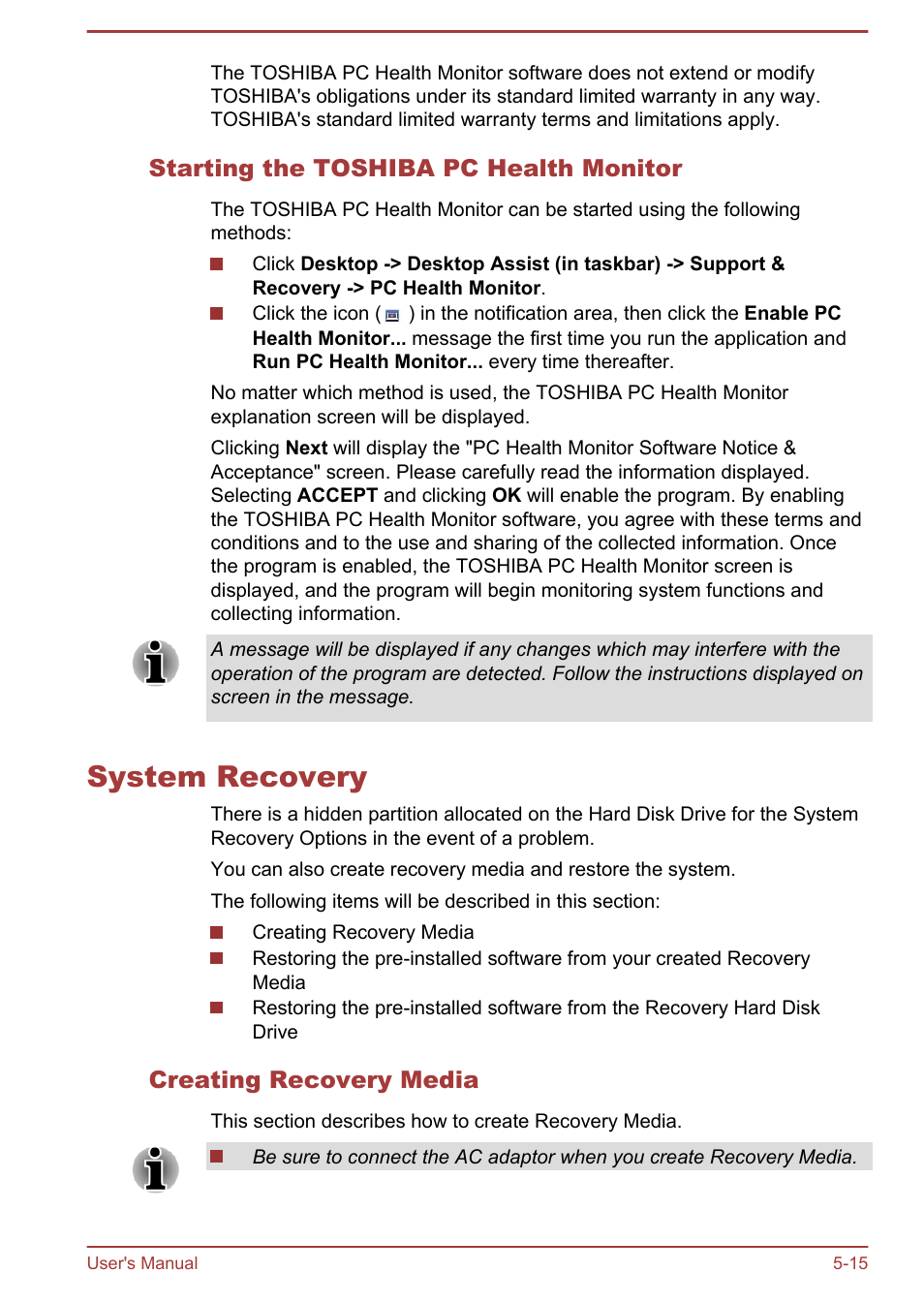 Starting the toshiba pc health monitor, System recovery, Creating recovery media | System recovery -15 | Toshiba LX830-C User Manual | Page 117 / 138