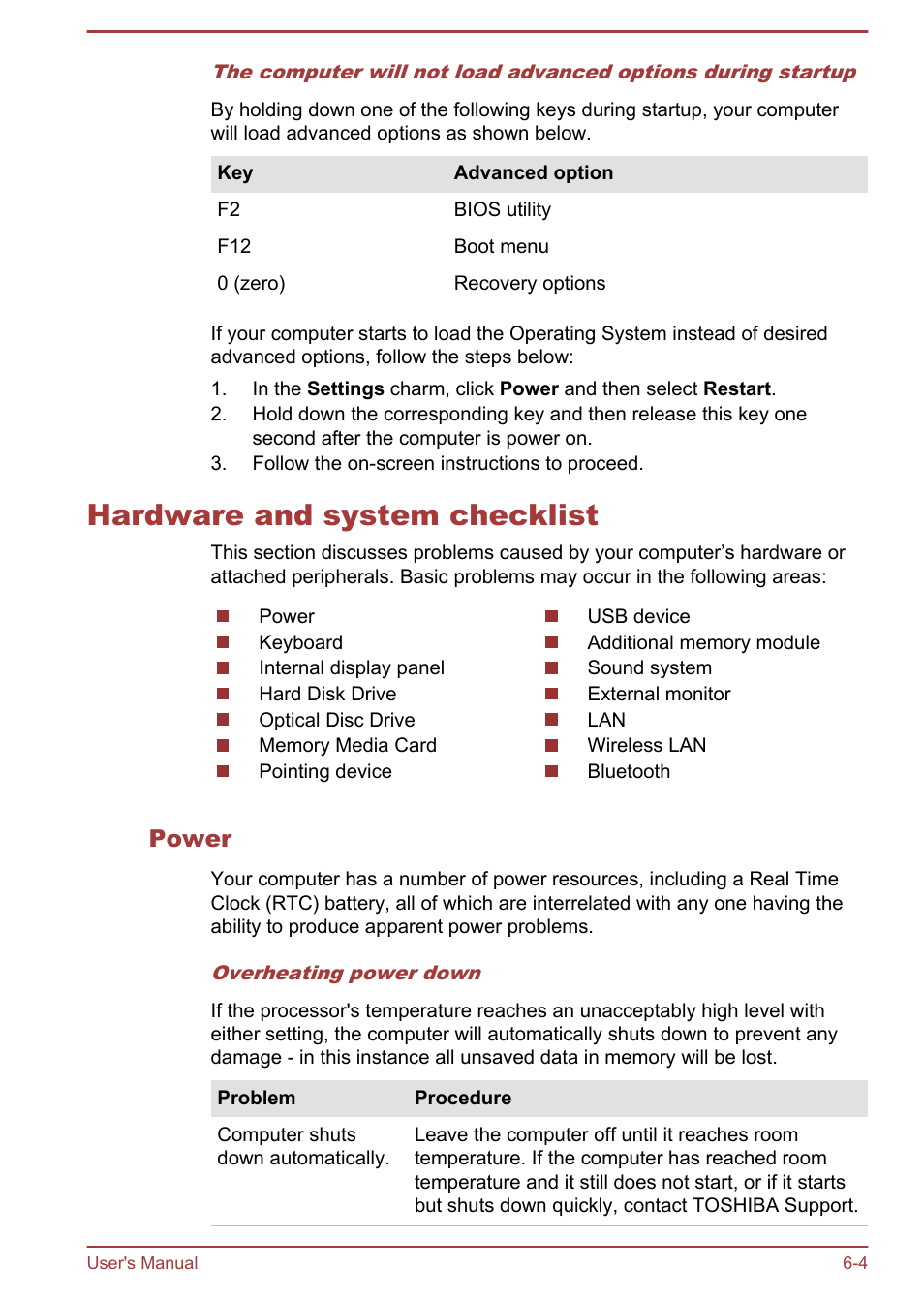 Hardware and system checklist, Power, Hardware and system checklist -4 | Toshiba LX830-C User Manual | Page 125 / 138