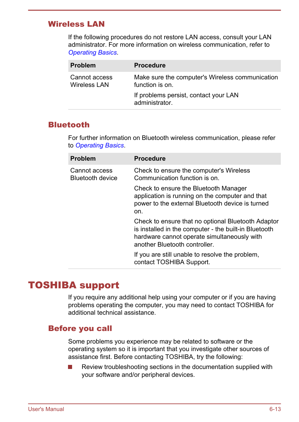 Wireless lan, Bluetooth, Toshiba support | Before you call, Toshiba support -13 | Toshiba LX830-C User Manual | Page 134 / 138