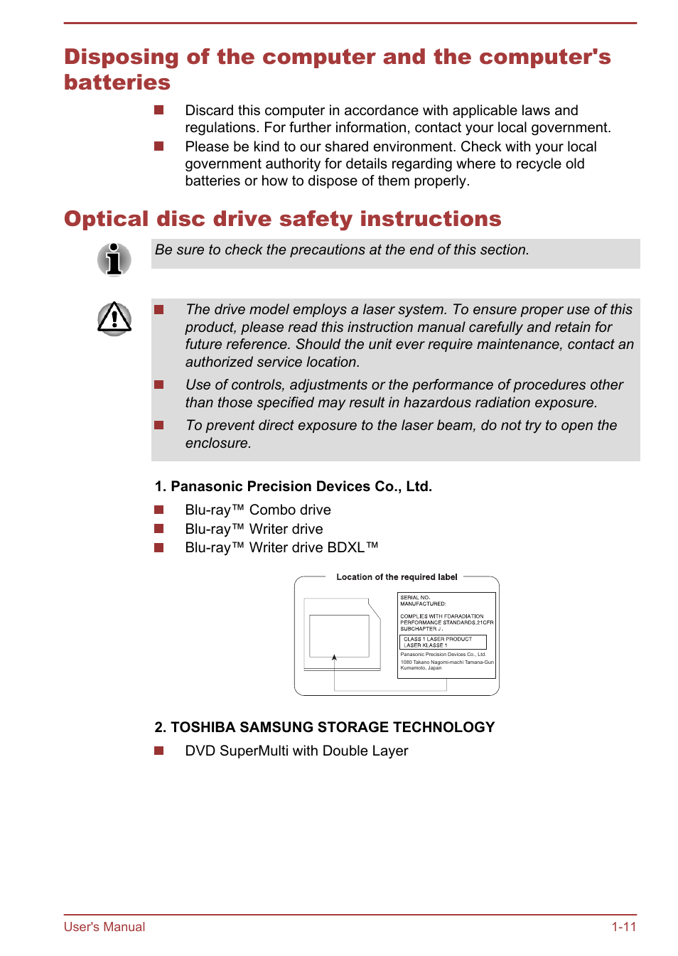 Optical disc drive safety instructions | Toshiba LX830-C User Manual | Page 15 / 138