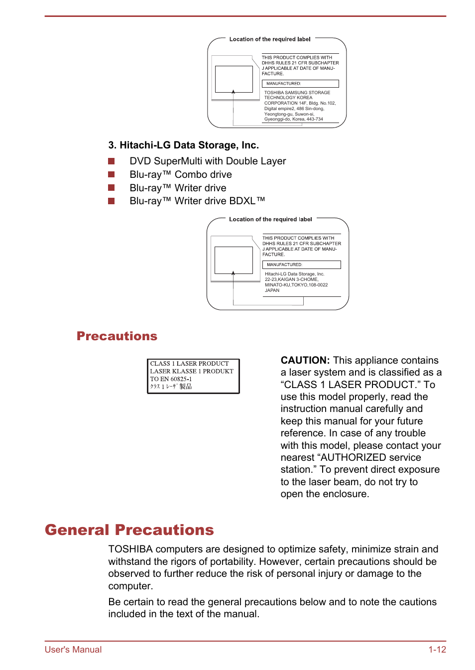 Precautions, General precautions, General precautions -12 | User's manual 1-12 | Toshiba LX830-C User Manual | Page 16 / 138